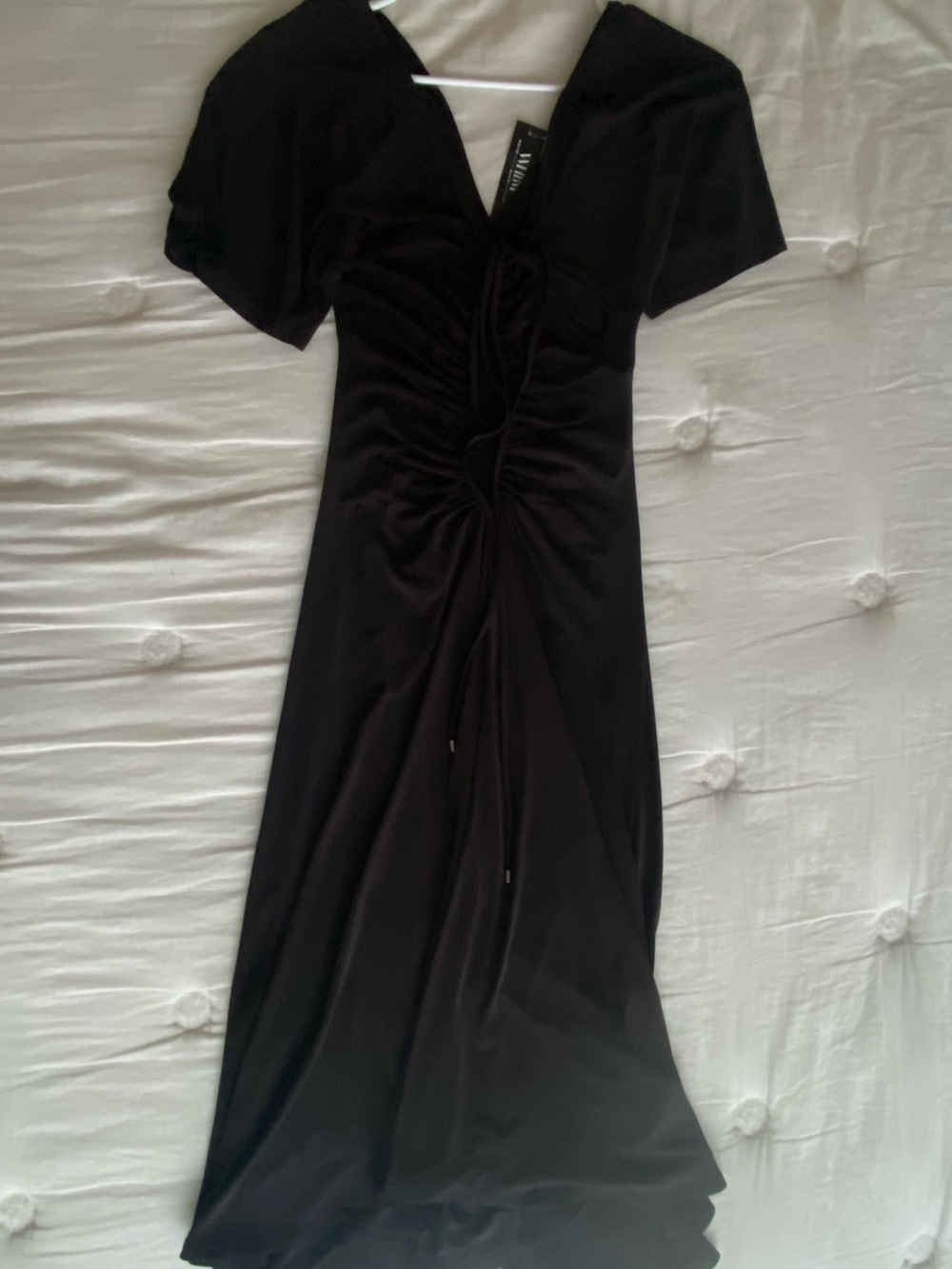 White House Black Market Black Ruched Midi Dress with Short Sleeves